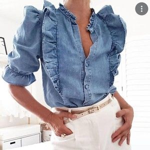 Ruffled Puff Sleeve Denim Top